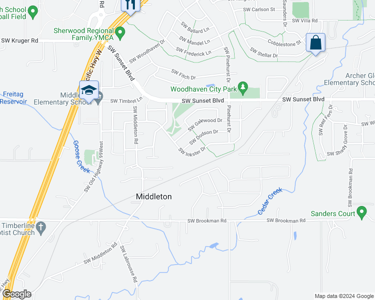 map of restaurants, bars, coffee shops, grocery stores, and more near 17884 Southwest Dodson Drive in Sherwood
