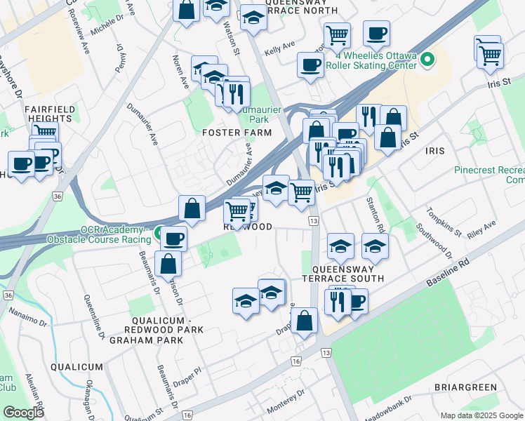 map of restaurants, bars, coffee shops, grocery stores, and more near in Ottawa