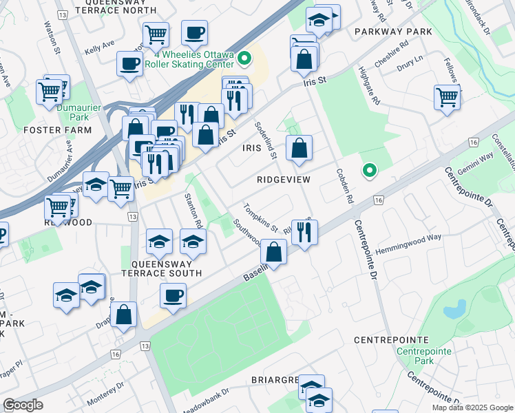 map of restaurants, bars, coffee shops, grocery stores, and more near 2393 Sheldon Avenue in Ottawa