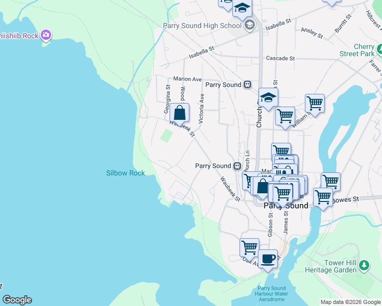 map of restaurants, bars, coffee shops, grocery stores, and more near 6 Prospect Street in Parry Sound