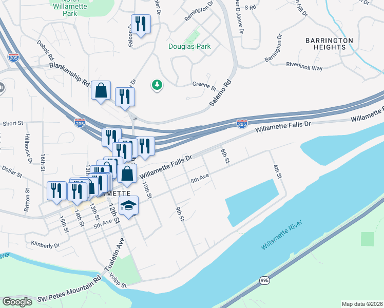 map of restaurants, bars, coffee shops, grocery stores, and more near 2355 Willamette Falls Drive in West Linn