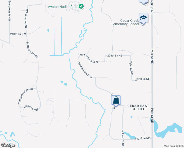 map of restaurants, bars, coffee shops, grocery stores, and more near 557 Beaver Dam Drive South in East Bethel