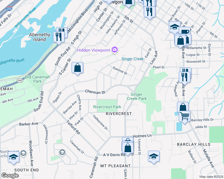map of restaurants, bars, coffee shops, grocery stores, and more near 818 Charman Street in Oregon City
