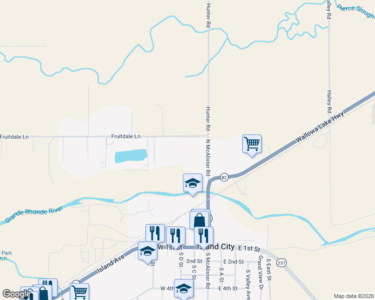 map of restaurants, bars, coffee shops, grocery stores, and more near 10113 Fruitdale Lane in La Grande