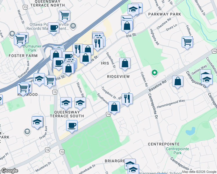 map of restaurants, bars, coffee shops, grocery stores, and more near 2389 Sheldon Avenue in Ottawa