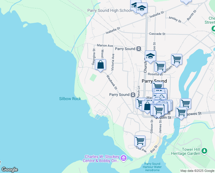 map of restaurants, bars, coffee shops, grocery stores, and more near 4 Prospect Street in Parry Sound