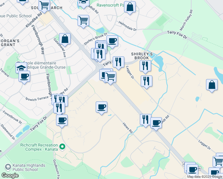map of restaurants, bars, coffee shops, grocery stores, and more near 579 March Road in Ottawa