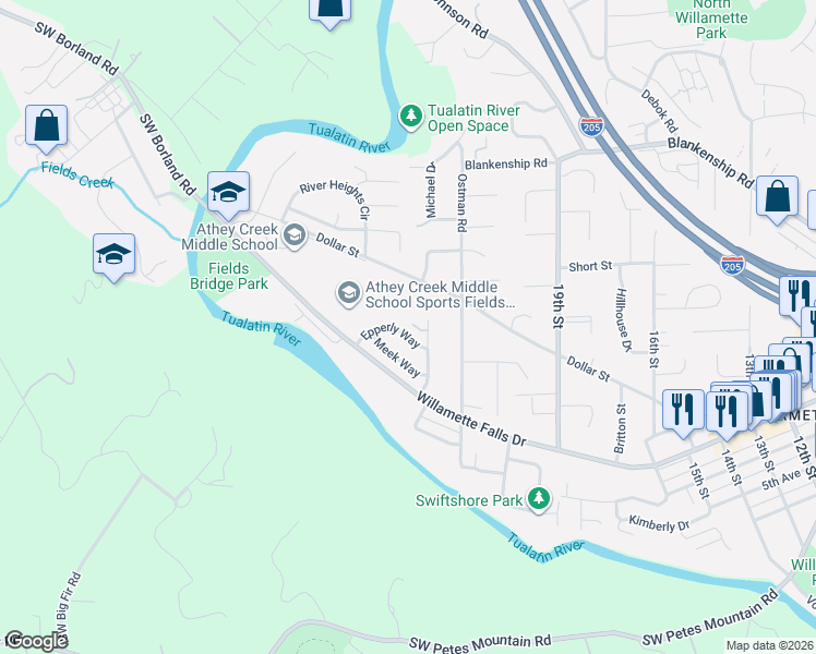 map of restaurants, bars, coffee shops, grocery stores, and more near 1076 Epperly Way in West Linn