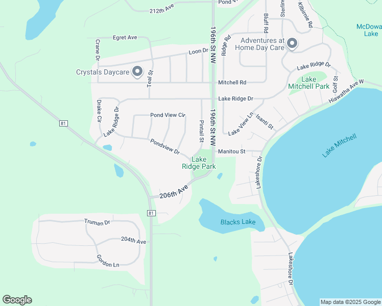 map of restaurants, bars, coffee shops, grocery stores, and more near 4540 Pondview Drive in Big Lake