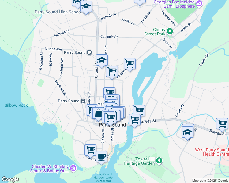 map of restaurants, bars, coffee shops, grocery stores, and more near in Parry Sound