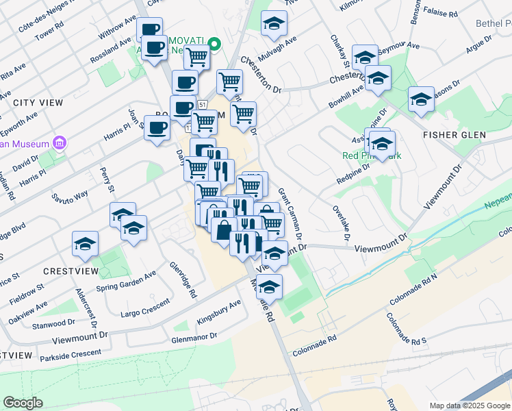 map of restaurants, bars, coffee shops, grocery stores, and more near 1695 Merivale Road in Ottawa