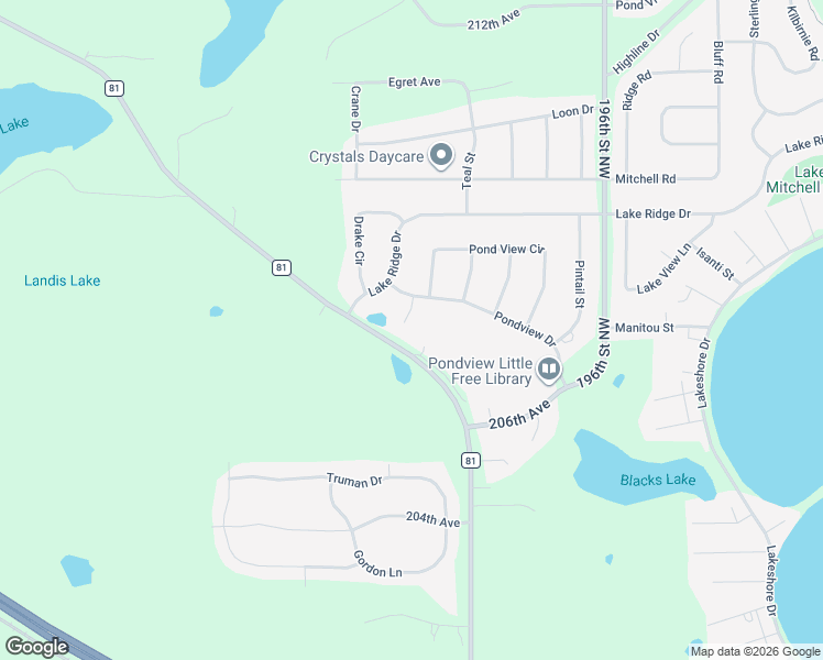map of restaurants, bars, coffee shops, grocery stores, and more near 20687 County Road 81 in Big Lake