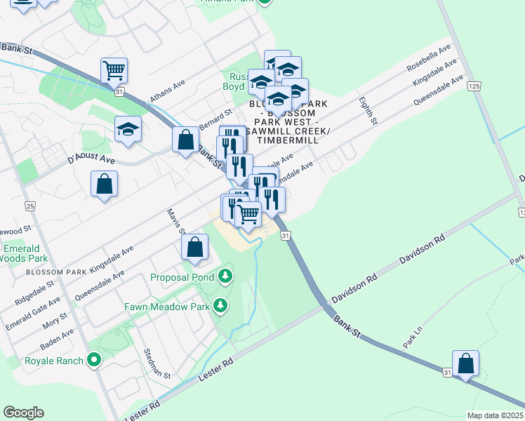 map of restaurants, bars, coffee shops, grocery stores, and more near 2950 Bank Street in Ottawa