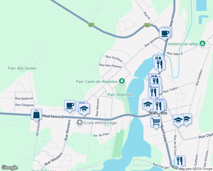 map of restaurants, bars, coffee shops, grocery stores, and more near 535 Avenue du Parc in Waterloo