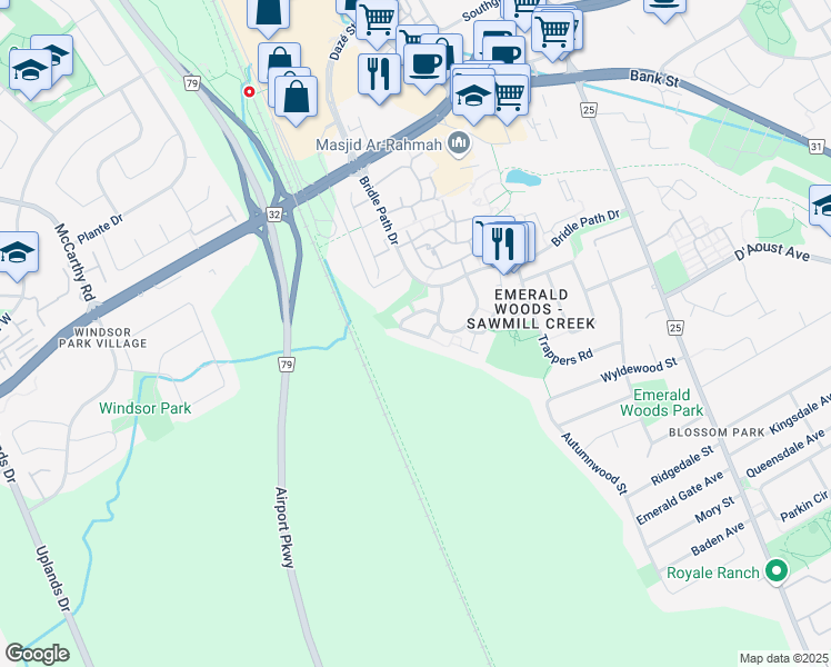 map of restaurants, bars, coffee shops, grocery stores, and more near Fox Hollow Crescent in Ottawa