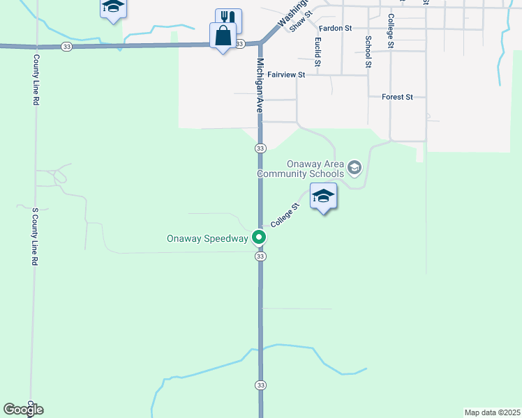 map of restaurants, bars, coffee shops, grocery stores, and more near 4549 Michigan 33 in Onaway