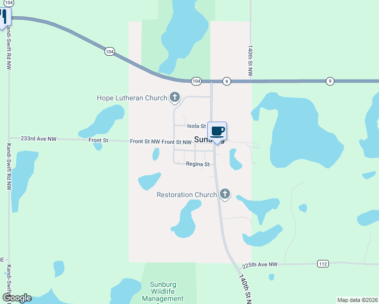 map of restaurants, bars, coffee shops, grocery stores, and more near 407 Shortline Avenue in Sunburg