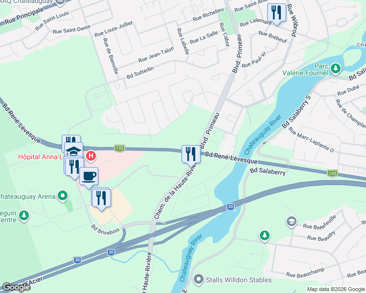 map of restaurants, bars, coffee shops, grocery stores, and more near 1000 Boulevard René-Lévesque in Châteauguay