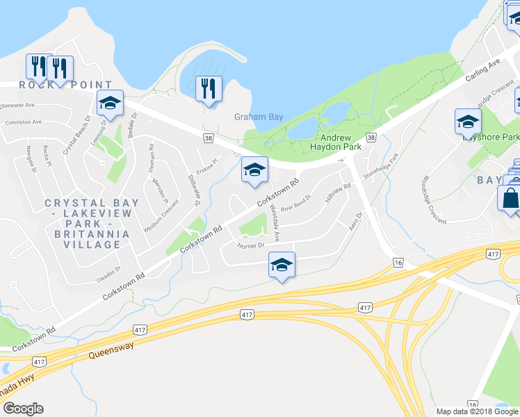 map of restaurants, bars, coffee shops, grocery stores, and more near 30 Corkstown Road in Ottawa