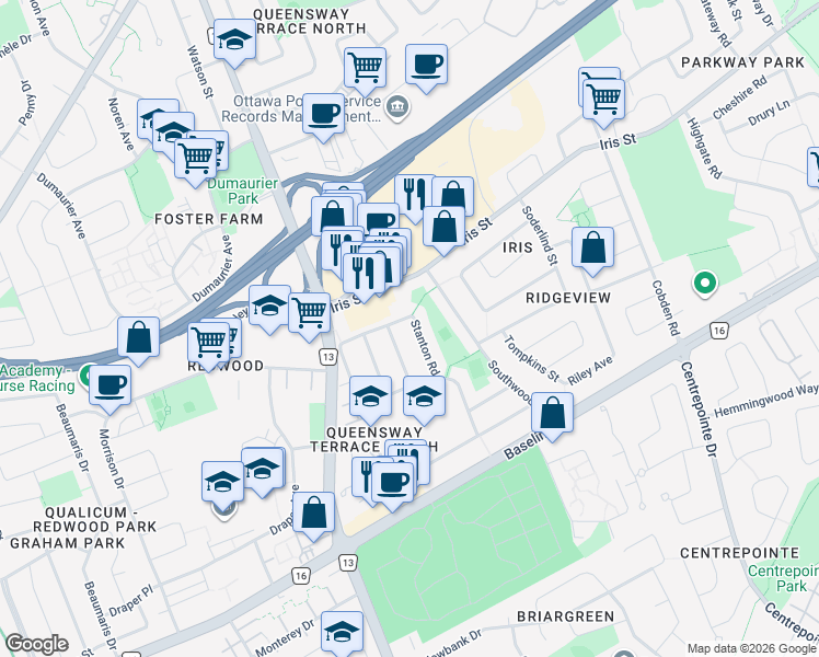 map of restaurants, bars, coffee shops, grocery stores, and more near 1314 Firestone Crescent in Ottawa