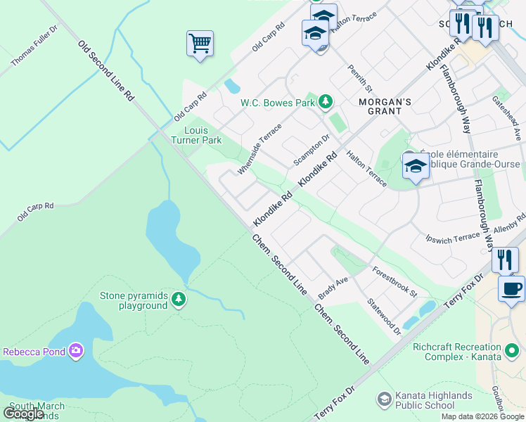map of restaurants, bars, coffee shops, grocery stores, and more near 1331 Klondike Road in Ottawa