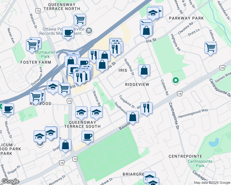 map of restaurants, bars, coffee shops, grocery stores, and more near in Ottawa