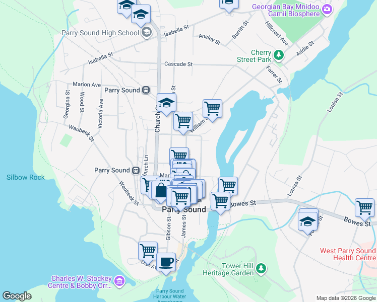 map of restaurants, bars, coffee shops, grocery stores, and more near in Parry Sound