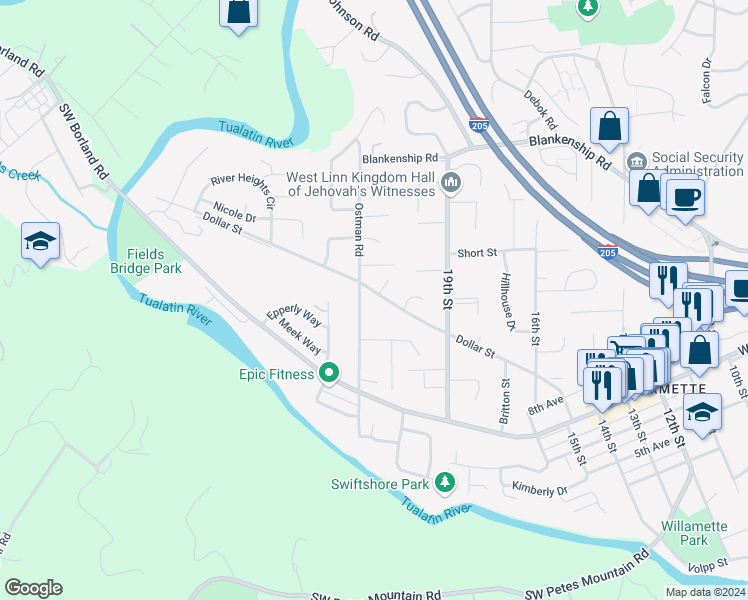 map of restaurants, bars, coffee shops, grocery stores, and more near 1115 Dollar Street in West Linn