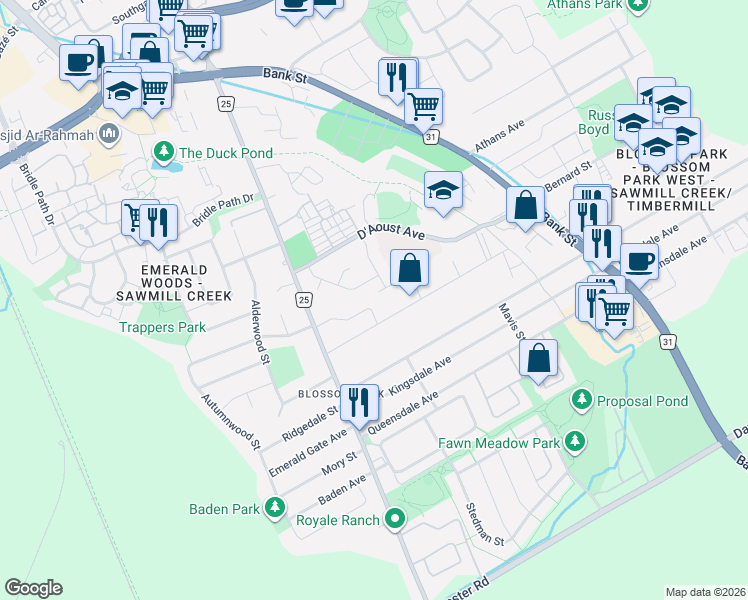 map of restaurants, bars, coffee shops, grocery stores, and more near 1475 Goth Avenue in Ottawa
