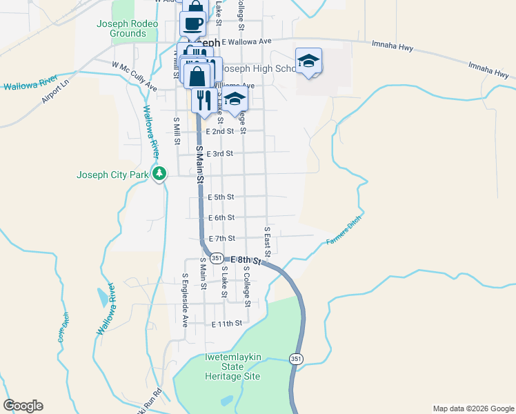 map of restaurants, bars, coffee shops, grocery stores, and more near 507 South East Street in Joseph