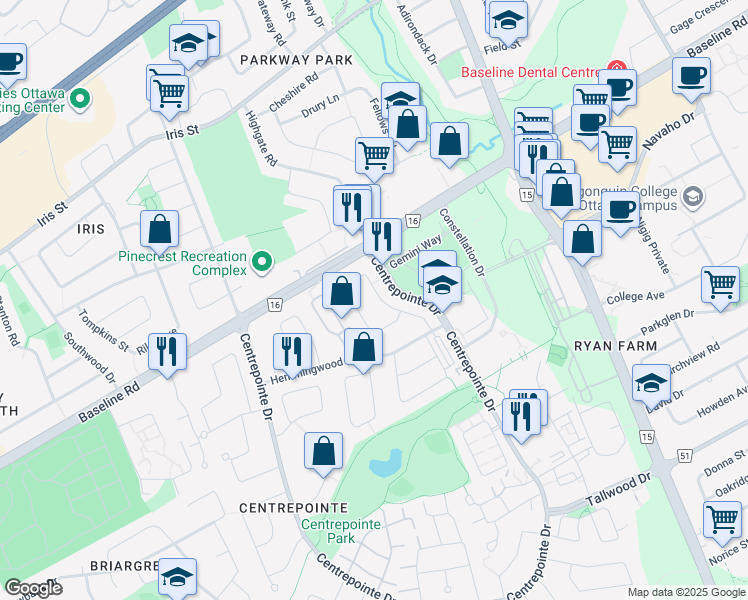 map of restaurants, bars, coffee shops, grocery stores, and more near 50 Thornbury Crescent in Ottawa
