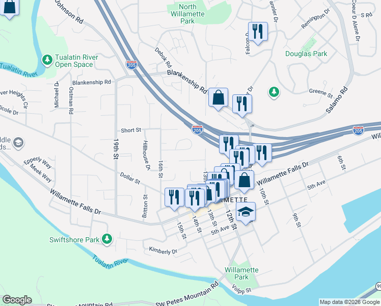 map of restaurants, bars, coffee shops, grocery stores, and more near 1731 Timothy Lane in West Linn