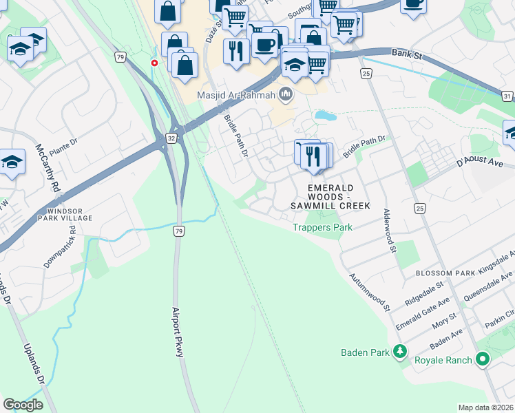 map of restaurants, bars, coffee shops, grocery stores, and more near 2577 Fox Hollow Crescent in Ottawa