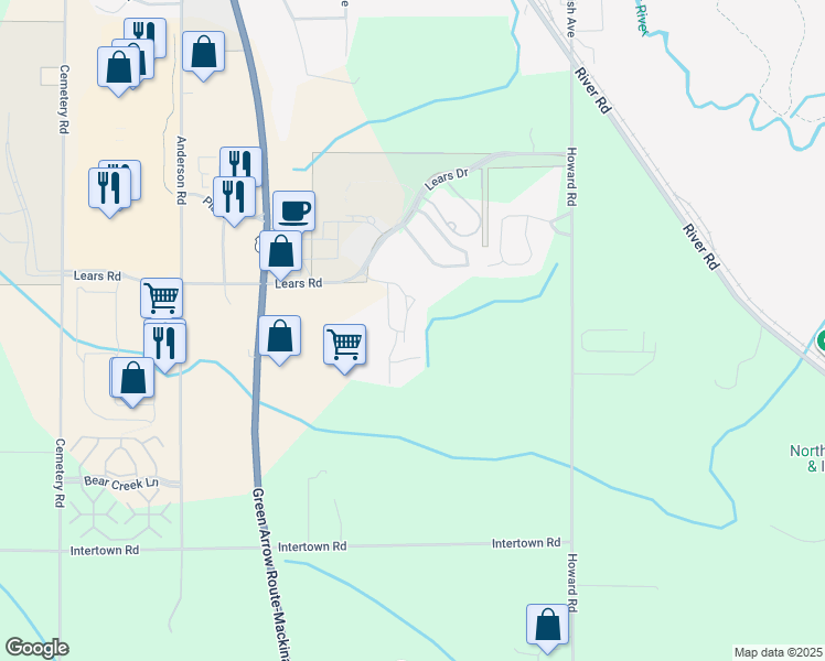 map of restaurants, bars, coffee shops, grocery stores, and more near 1000 Woods Court in Petoskey