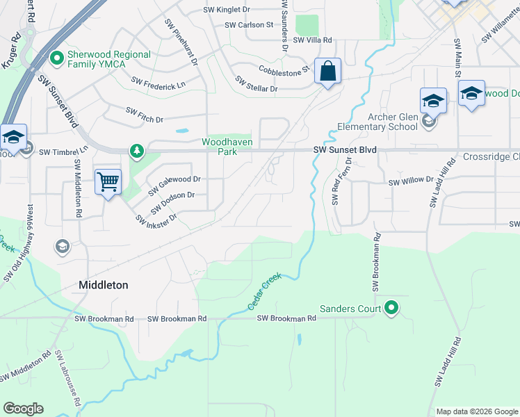 map of restaurants, bars, coffee shops, grocery stores, and more near 23865 Southwest Golden Pond Terrace in Sherwood