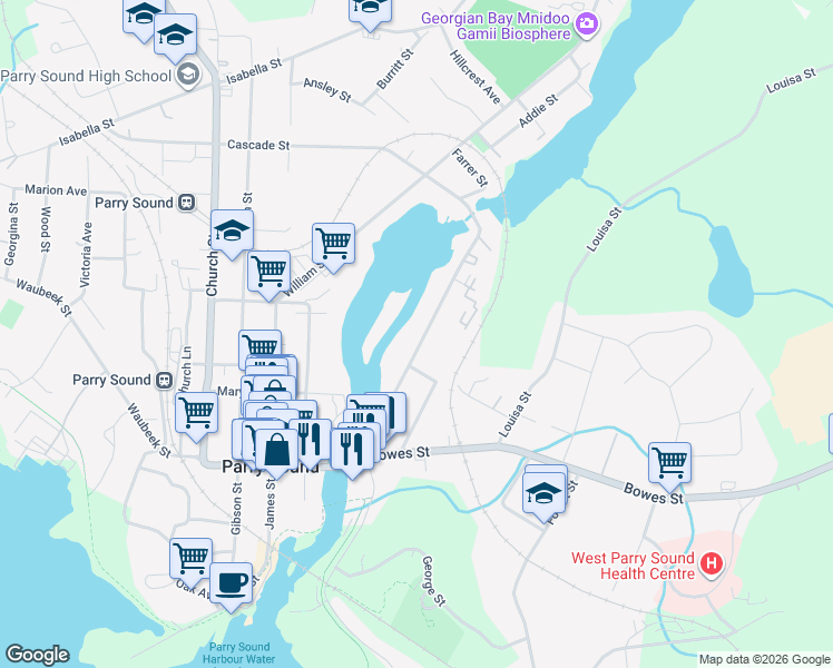 map of restaurants, bars, coffee shops, grocery stores, and more near in Parry Sound
