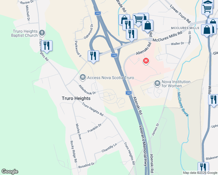 map of restaurants, bars, coffee shops, grocery stores, and more near 11 Parkway Drive in Truro Heights