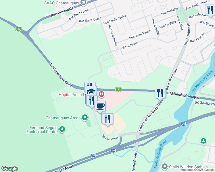 map of restaurants, bars, coffee shops, grocery stores, and more near Boulevard René-Lévesque in Châteauguay