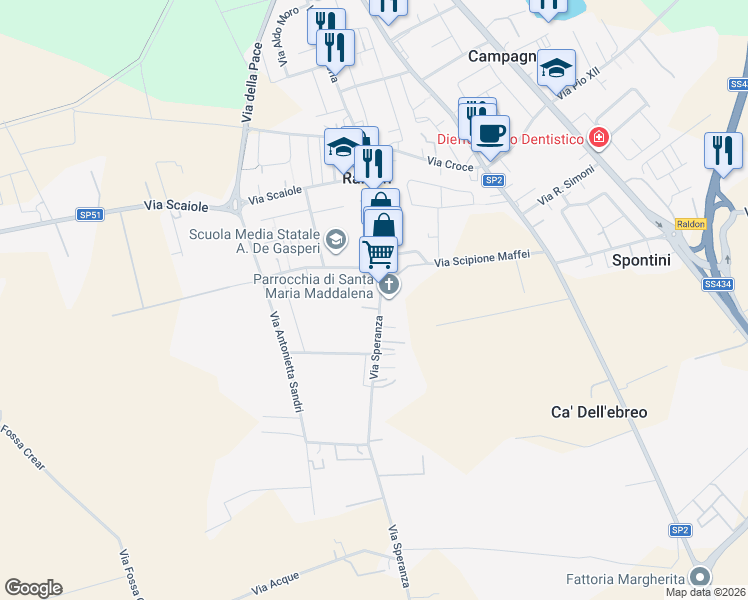 map of restaurants, bars, coffee shops, grocery stores, and more near 82 Piazza Alcide De Gasperi in Raldon