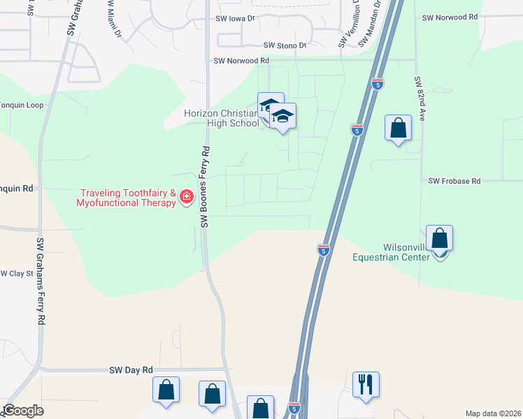map of restaurants, bars, coffee shops, grocery stores, and more near 9185 Southwest Greenhill Lane in Tualatin