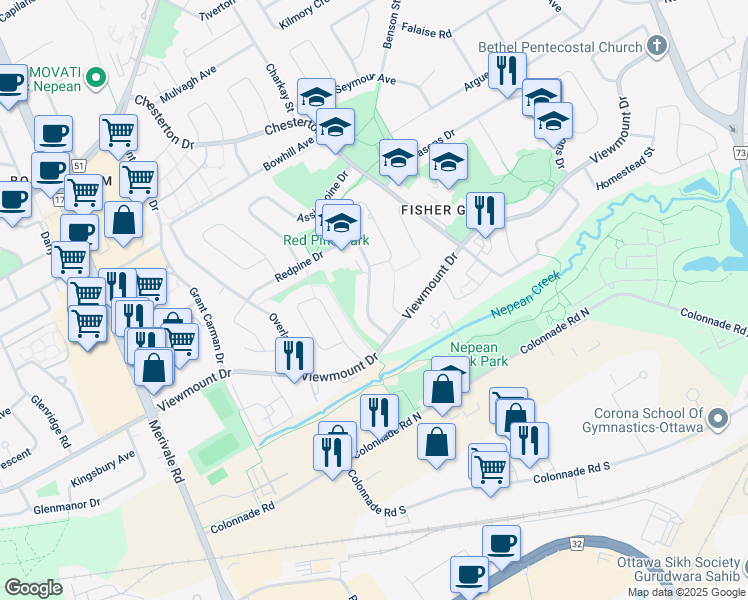 map of restaurants, bars, coffee shops, grocery stores, and more near 11 Saginaw Crescent in Ottawa