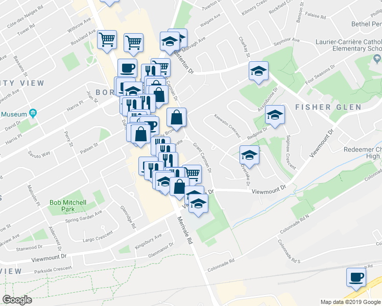 map of restaurants, bars, coffee shops, grocery stores, and more near 22 Overlake Drive in Ottawa