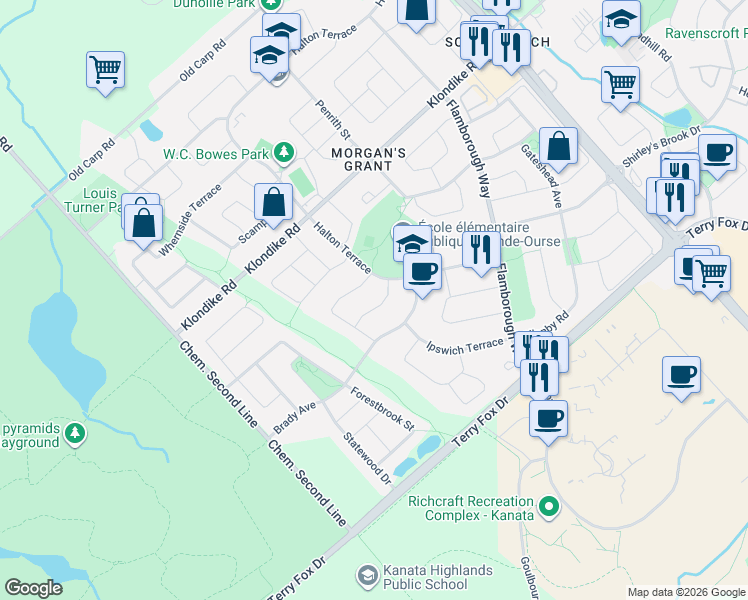 map of restaurants, bars, coffee shops, grocery stores, and more near 11 Pepperidge Way in Ottawa