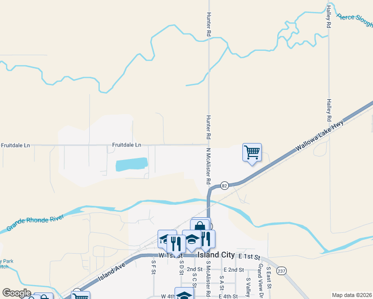 map of restaurants, bars, coffee shops, grocery stores, and more near 10113 Fruitdale Lane in La Grande