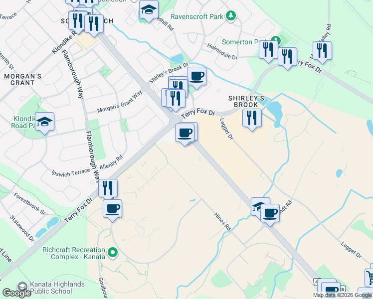 map of restaurants, bars, coffee shops, grocery stores, and more near 591 March Road in Ottawa
