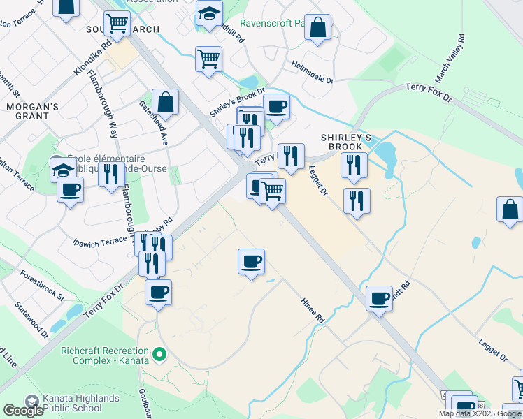 map of restaurants, bars, coffee shops, grocery stores, and more near 591 March Road in Ottawa