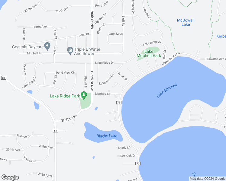 map of restaurants, bars, coffee shops, grocery stores, and more near 1116 Manitou Street in Big Lake