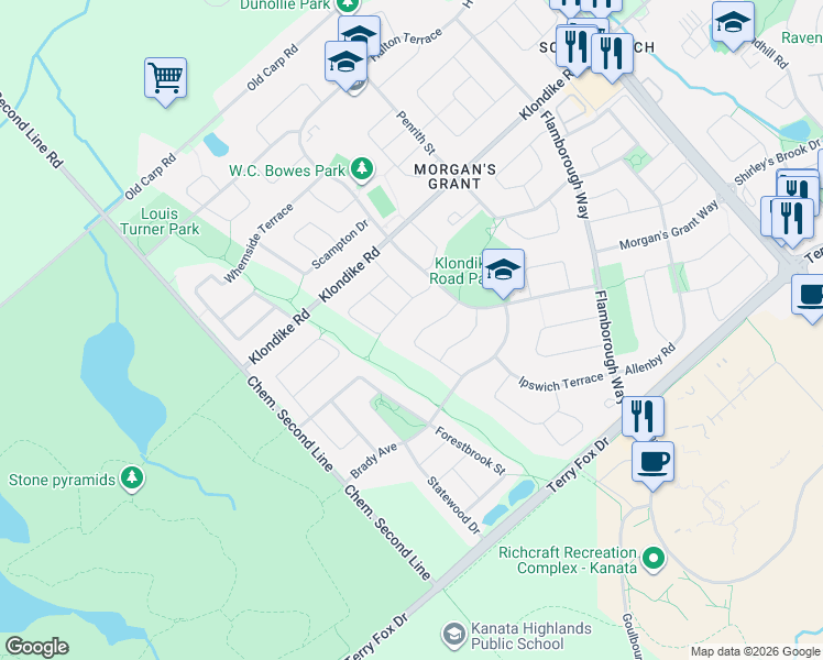 map of restaurants, bars, coffee shops, grocery stores, and more near 57 Newcastle Avenue in Ottawa