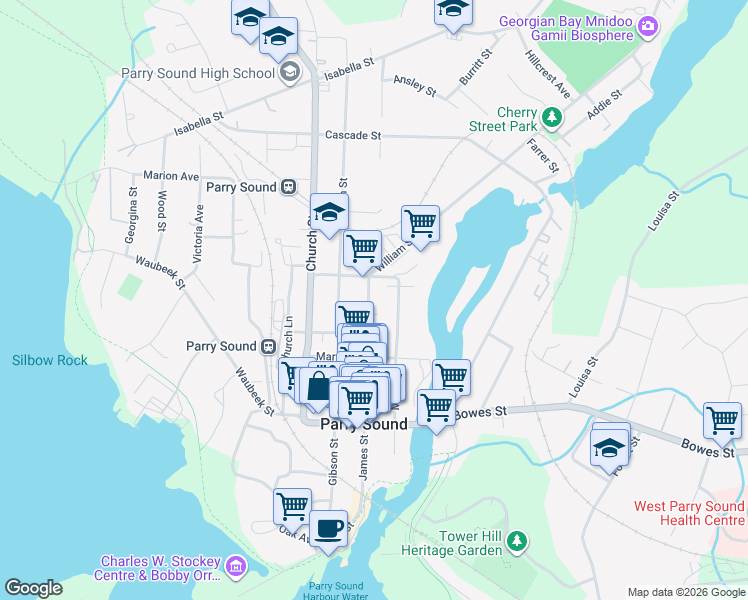 map of restaurants, bars, coffee shops, grocery stores, and more near in Parry Sound