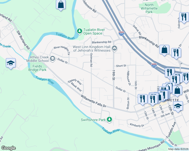 map of restaurants, bars, coffee shops, grocery stores, and more near Dollar Street in West Linn
